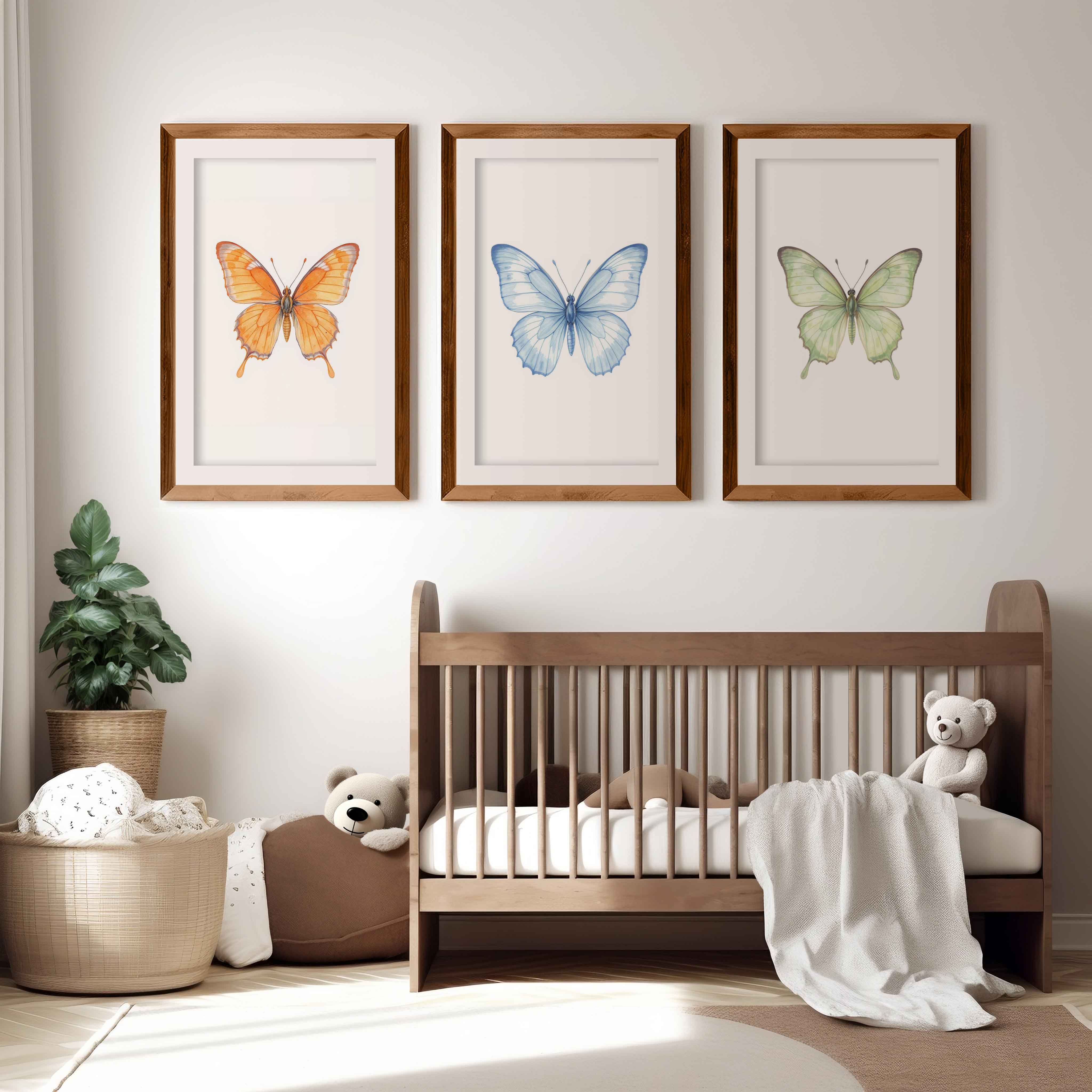 Butterfly Wall Art Nursery – Orange, Blue & Green Set (3 Prints) - Dark Brown Framed Poster with White Border - Artworksets