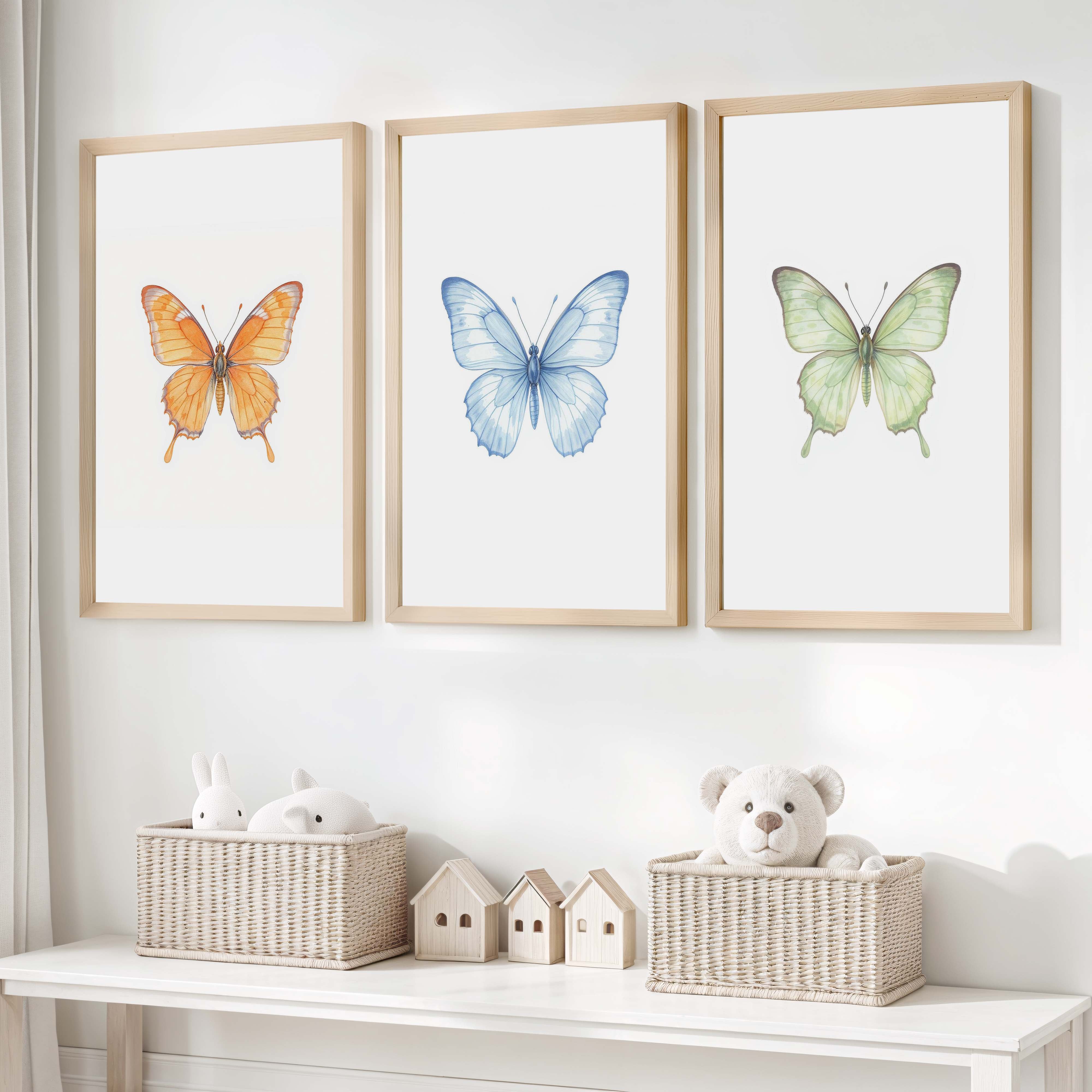 Butterfly Wall Art Nursery – Orange, Blue & Green Set (3 Prints) - Natural Wood Framed Poster No Border - Artworksets