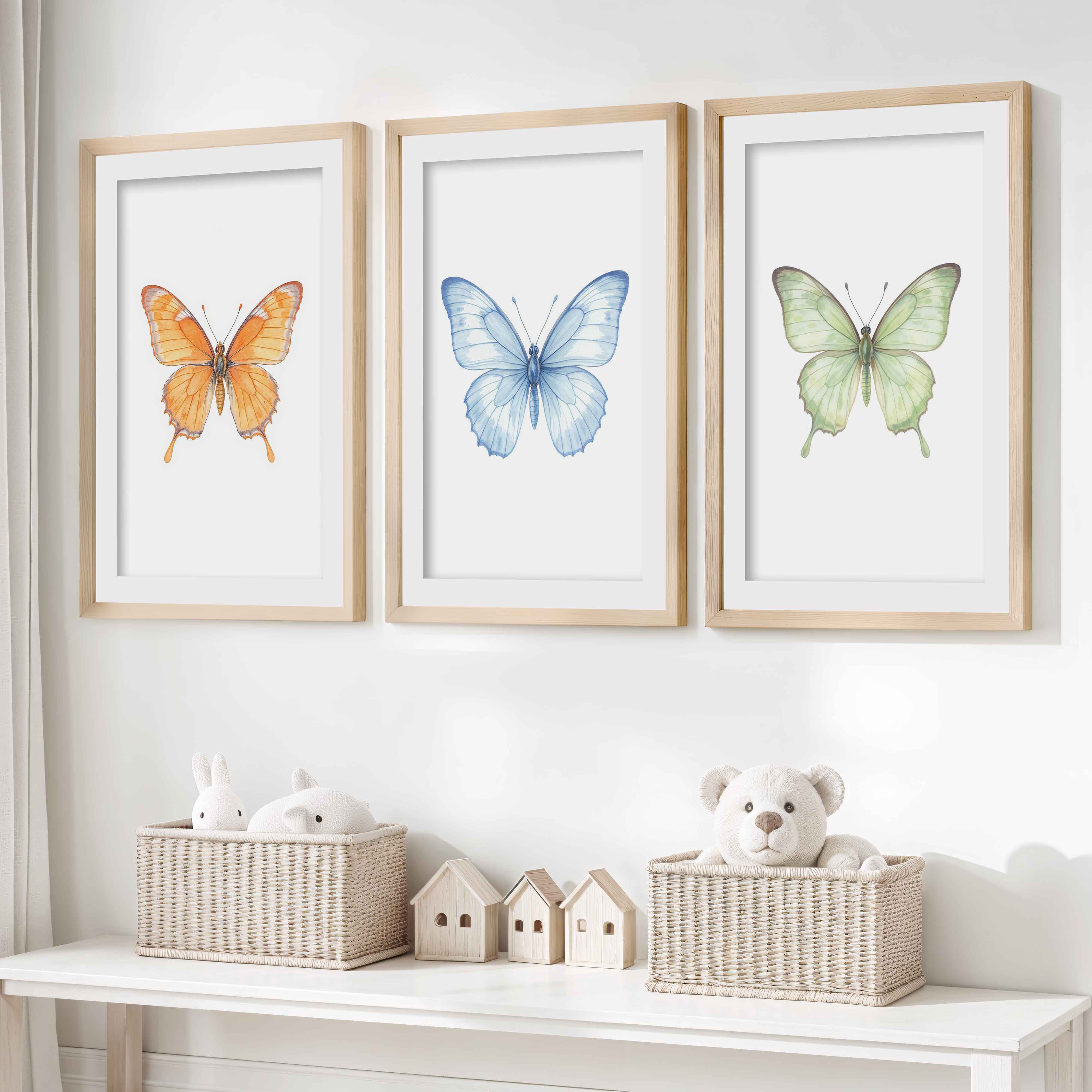 Butterfly Wall Art Nursery – Orange, Blue & Green Set (3 Prints)- Natural Wood Framed Poster with White Border - Artworksets