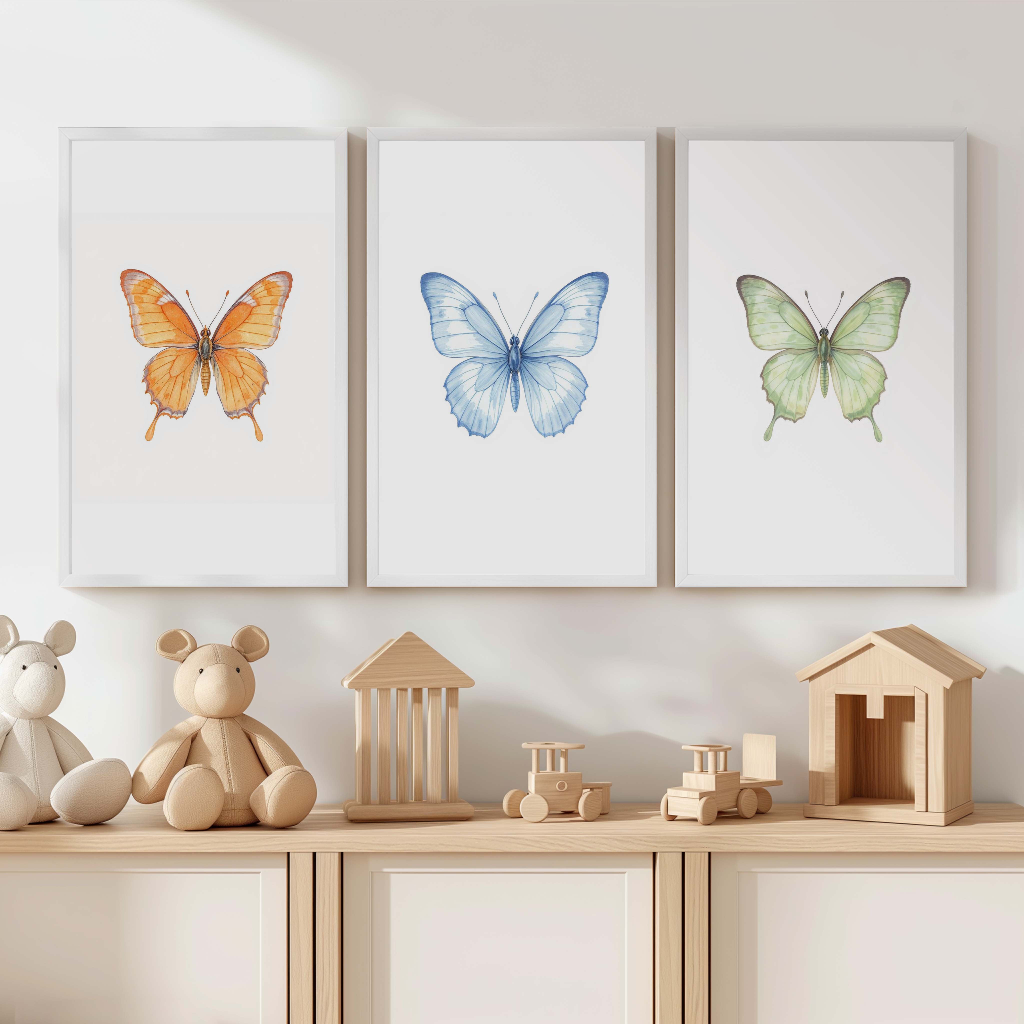 Butterfly Wall Art Nursery – Orange, Blue & Green Set (3 Prints) - White Framed Poster No Border - Artworksets