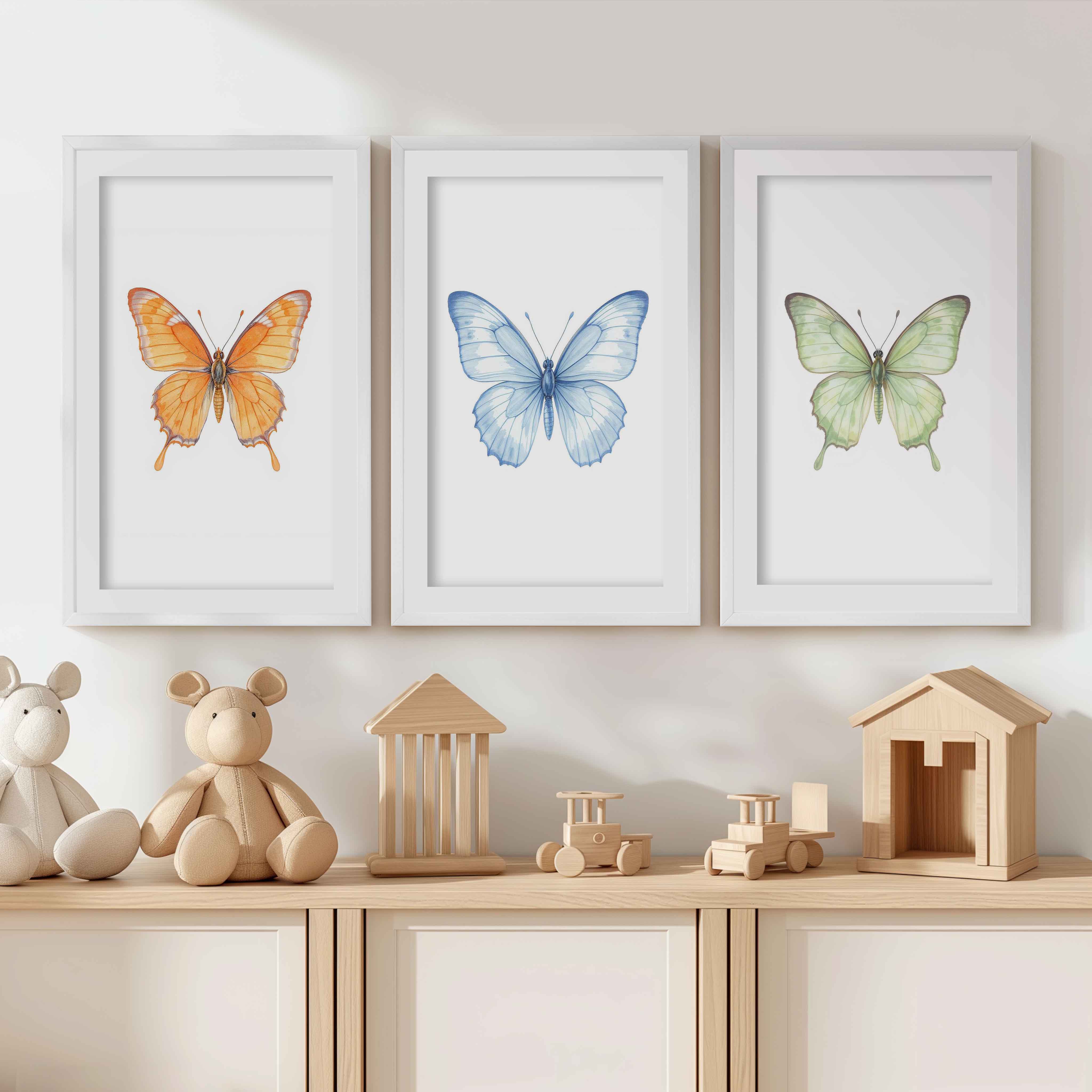 Butterfly Wall Art Nursery – Orange, Blue & Green Set (3 Prints) - White Framed Poster with White Border - Artworksets
