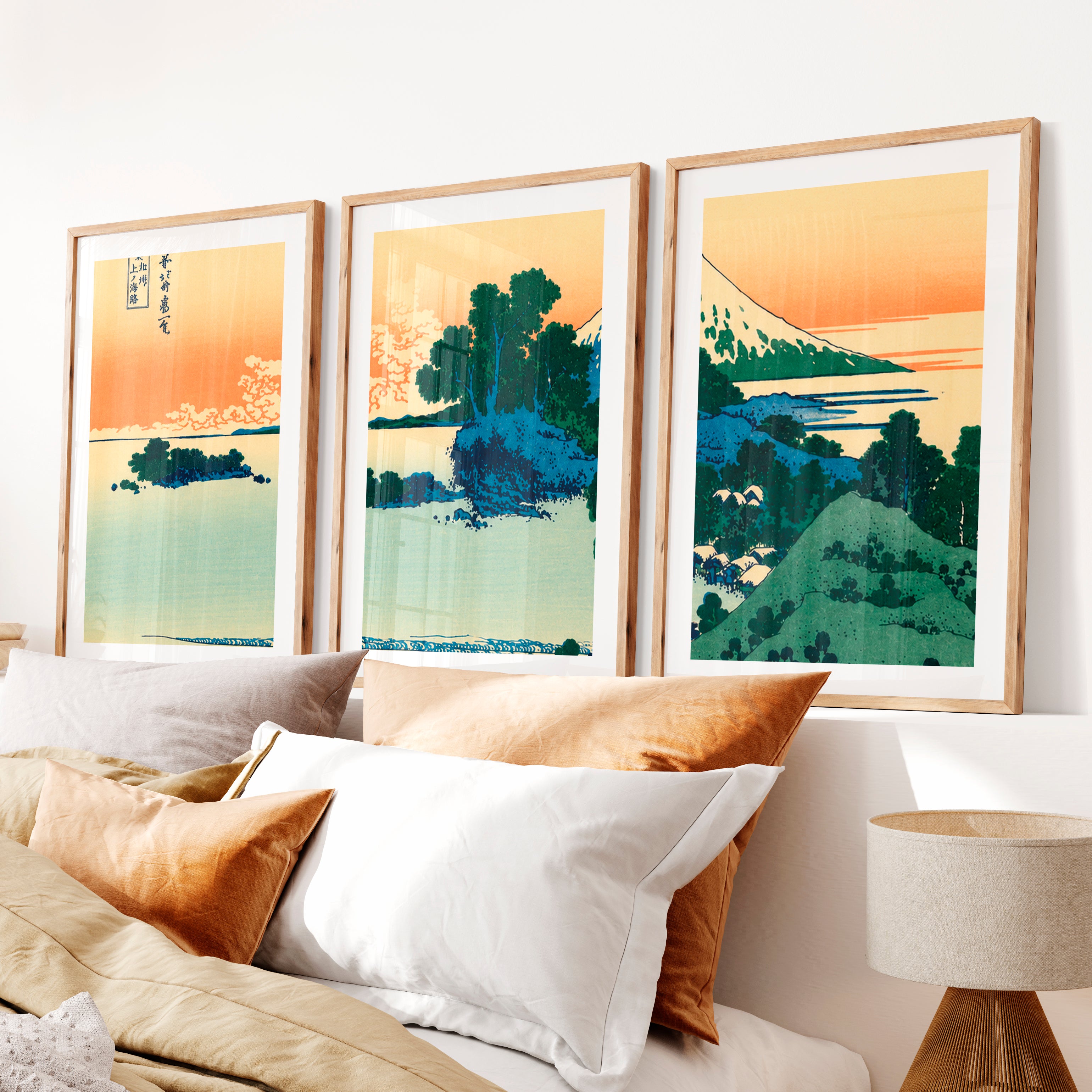 Elegant Buy Japanese Art Featuring Tiger and Lantern Set- Natural Wood Framed Poster with White Border - Artworksets