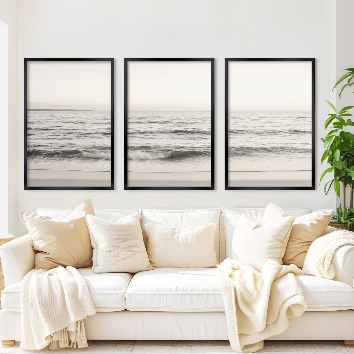 Seaside Triptych – Minimalist Ocean Wall Art in Muted Tones - Black Framed Poster No Border - Artworksets