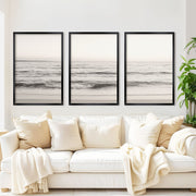 Seaside Triptych – Minimalist Ocean Wall Art in Muted Tones - Black Framed Poster No Border - Artworksets