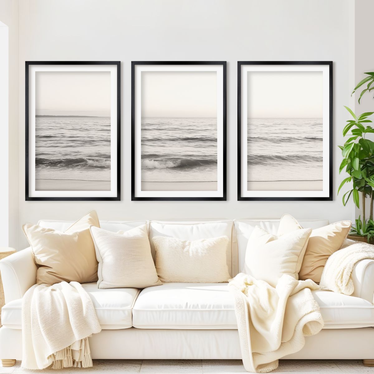 Seaside Triptych – Minimalist Ocean Wall Art in Muted Tones - Black Framed Poster with White Border - Artworksets