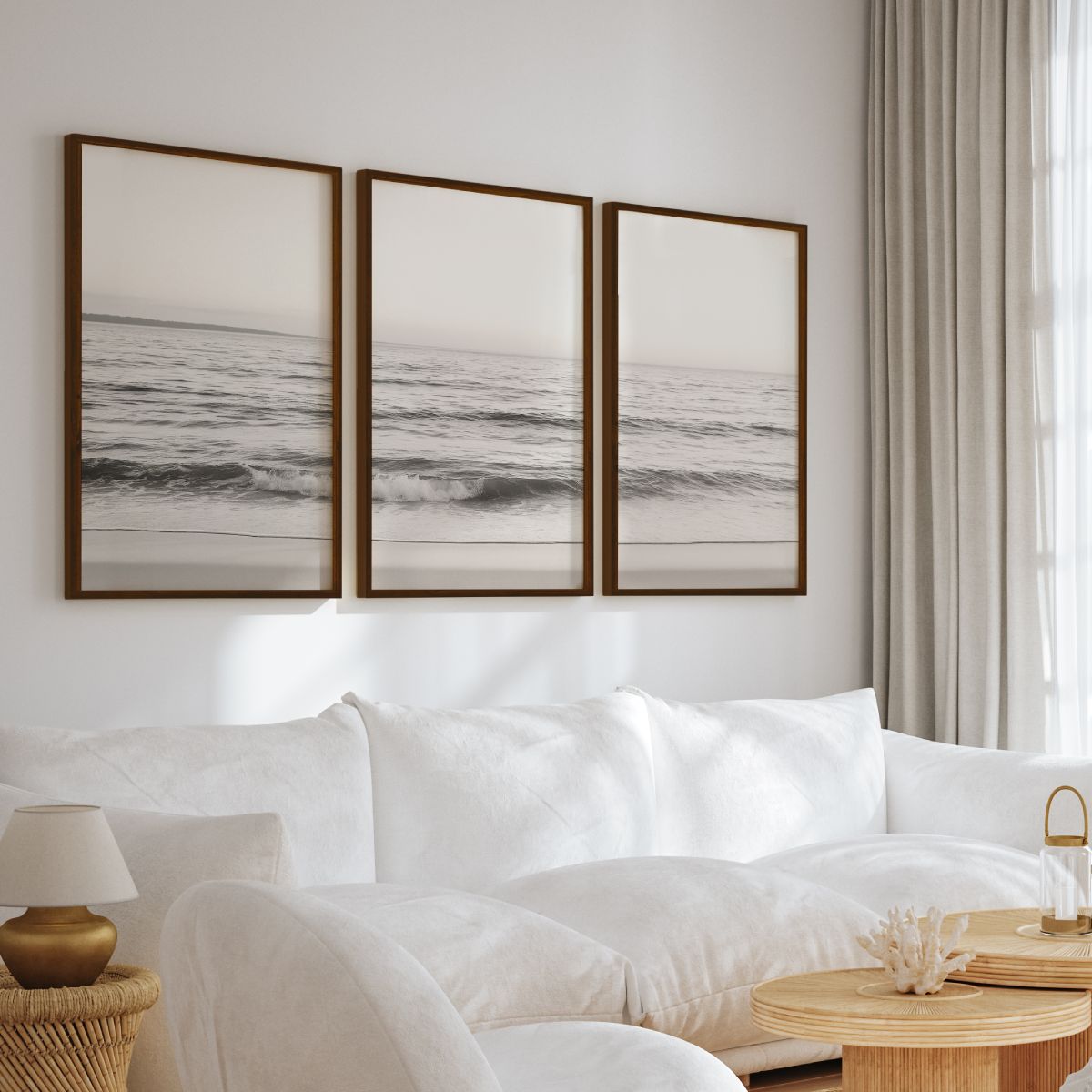 Seaside Triptych – Minimalist Ocean Wall Art in Muted Tones - Dark Brown Framed Poster No Border - Artworksets