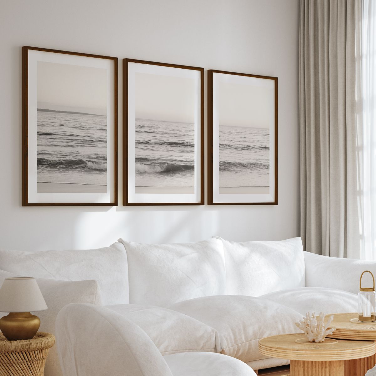 Seaside Triptych – Minimalist Ocean Wall Art in Muted Tones - Dark Brown Framed Poster with White Border - Artworksets