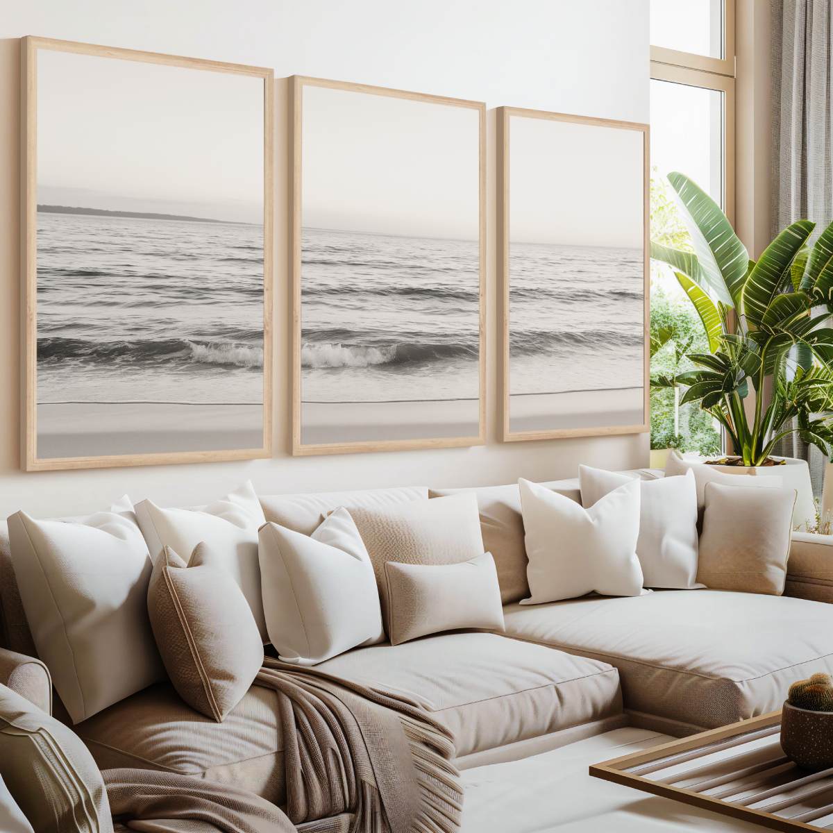 Seaside Triptych – Minimalist Ocean Wall Art in Muted Tones - Natural Wood Framed Poster No Border - Artworksets