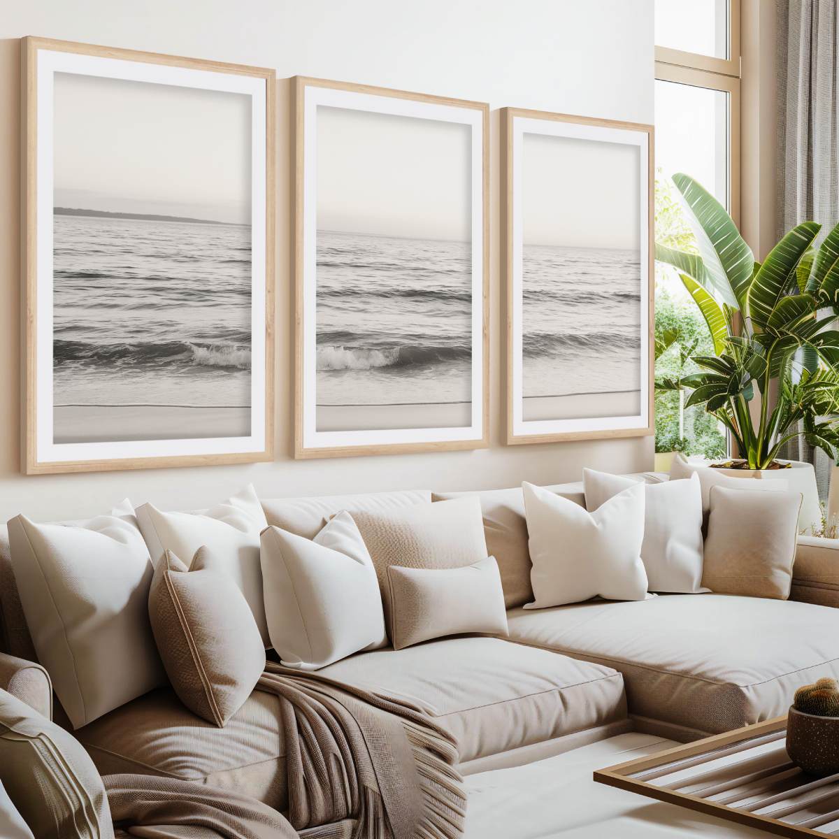 Seaside Triptych – Minimalist Ocean Wall Art in Muted Tones- Natural Wood Framed Poster with White Border - Artworksets