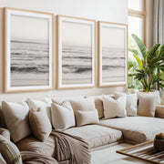 Seaside Triptych – Minimalist Ocean Wall Art in Muted Tones- Natural Wood Framed Poster with White Border - Artworksets