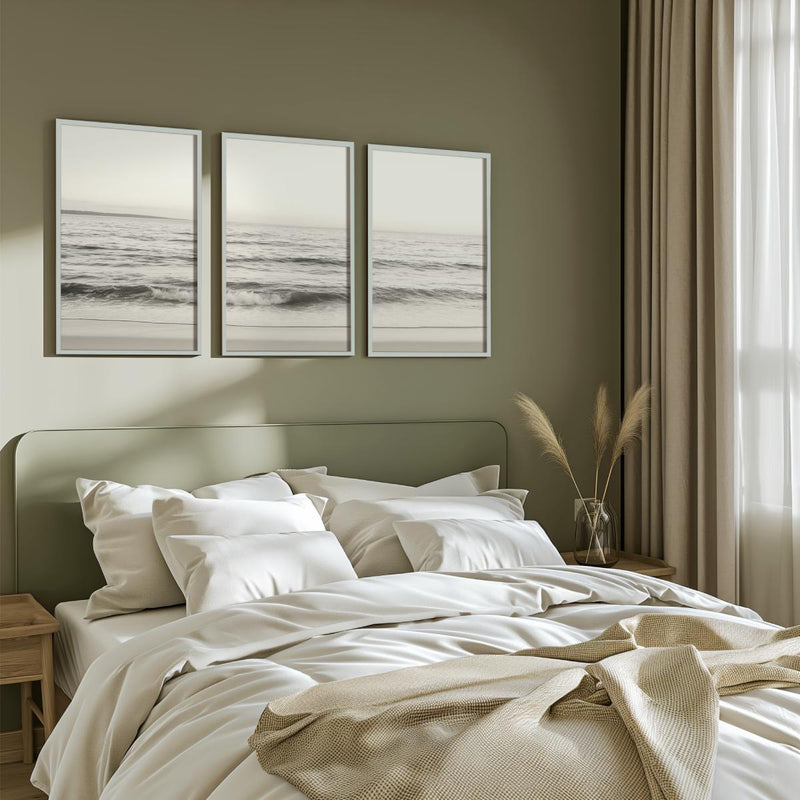 Seaside Triptych – Minimalist Ocean Wall Art in Muted Tones - White Framed Poster No Border - Artworksets