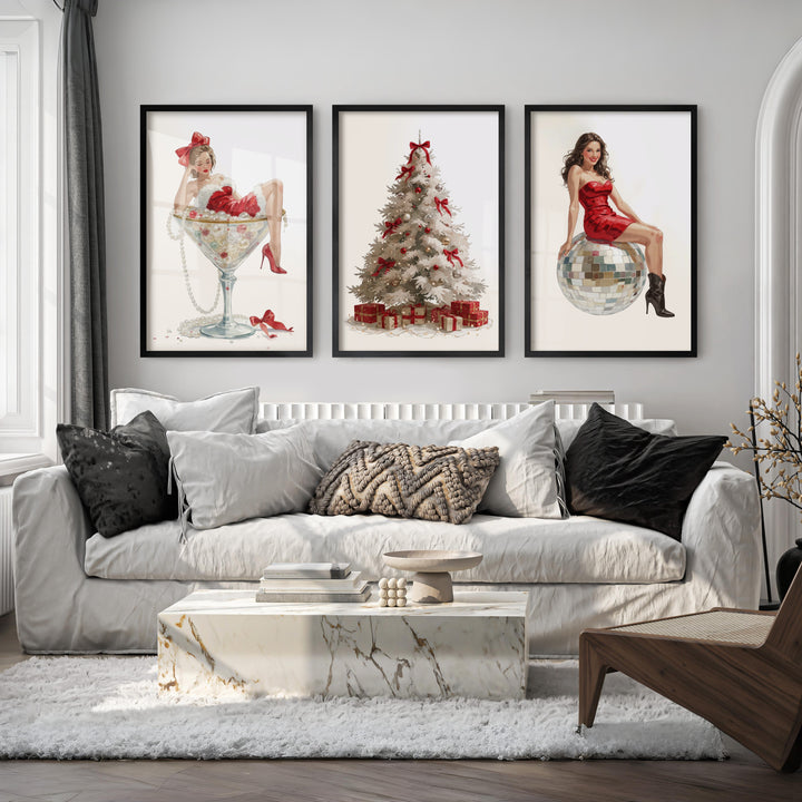 Christmas Art Prints – Pin-Up Holiday Decor, White Tree & Retro Disco Ball - Black Framed Poster No Border - Artworksets