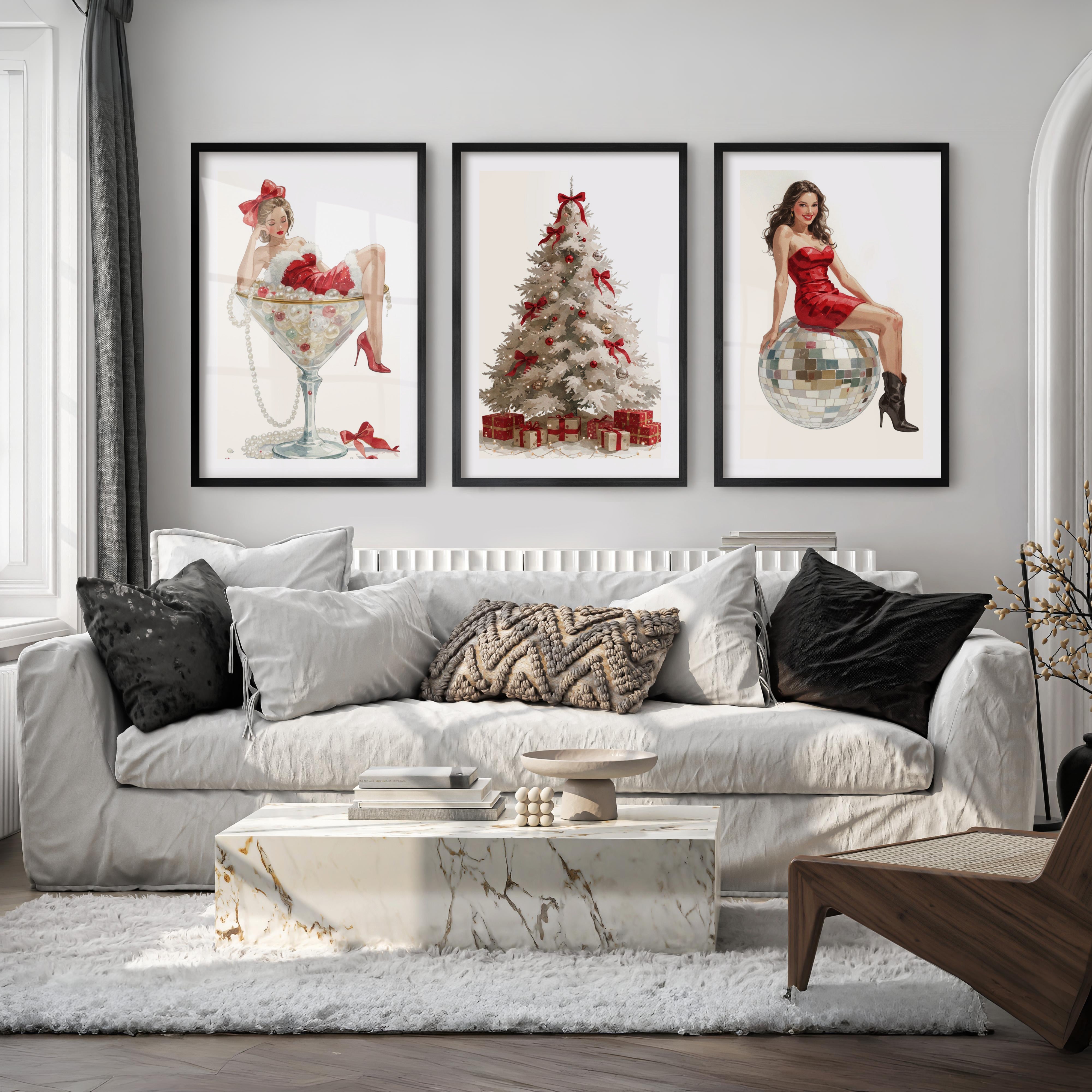Christmas Art Prints – Pin-Up Holiday Decor, White Tree & Retro Disco Ball - Black Framed Poster with White Border - Artworksets