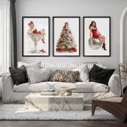 Christmas Art Prints – Pin-Up Holiday Decor, White Tree & Retro Disco Ball - Black Framed Poster with White Border - Artworksets