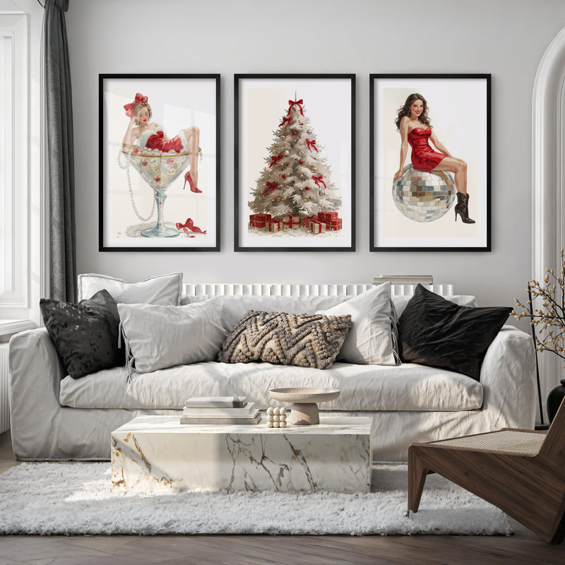 Christmas Art Prints – Pin-Up Holiday Decor, White Tree & Retro Disco Ball - Black Framed Poster with White Border - Artworksets