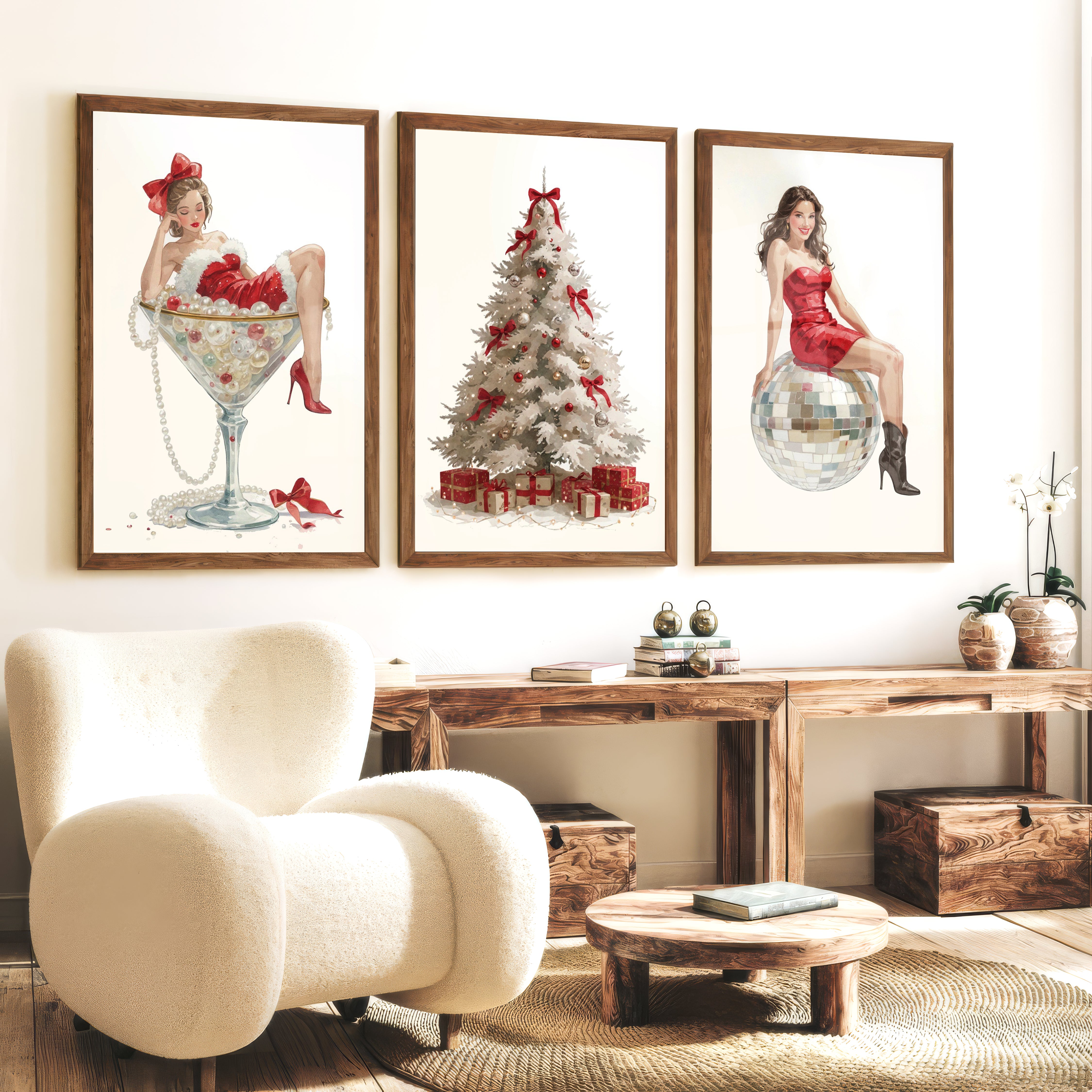 Christmas Art Prints – Pin-Up Holiday Decor, White Tree & Retro Disco Ball - Dark Brown Framed Poster No Border - Artworksets