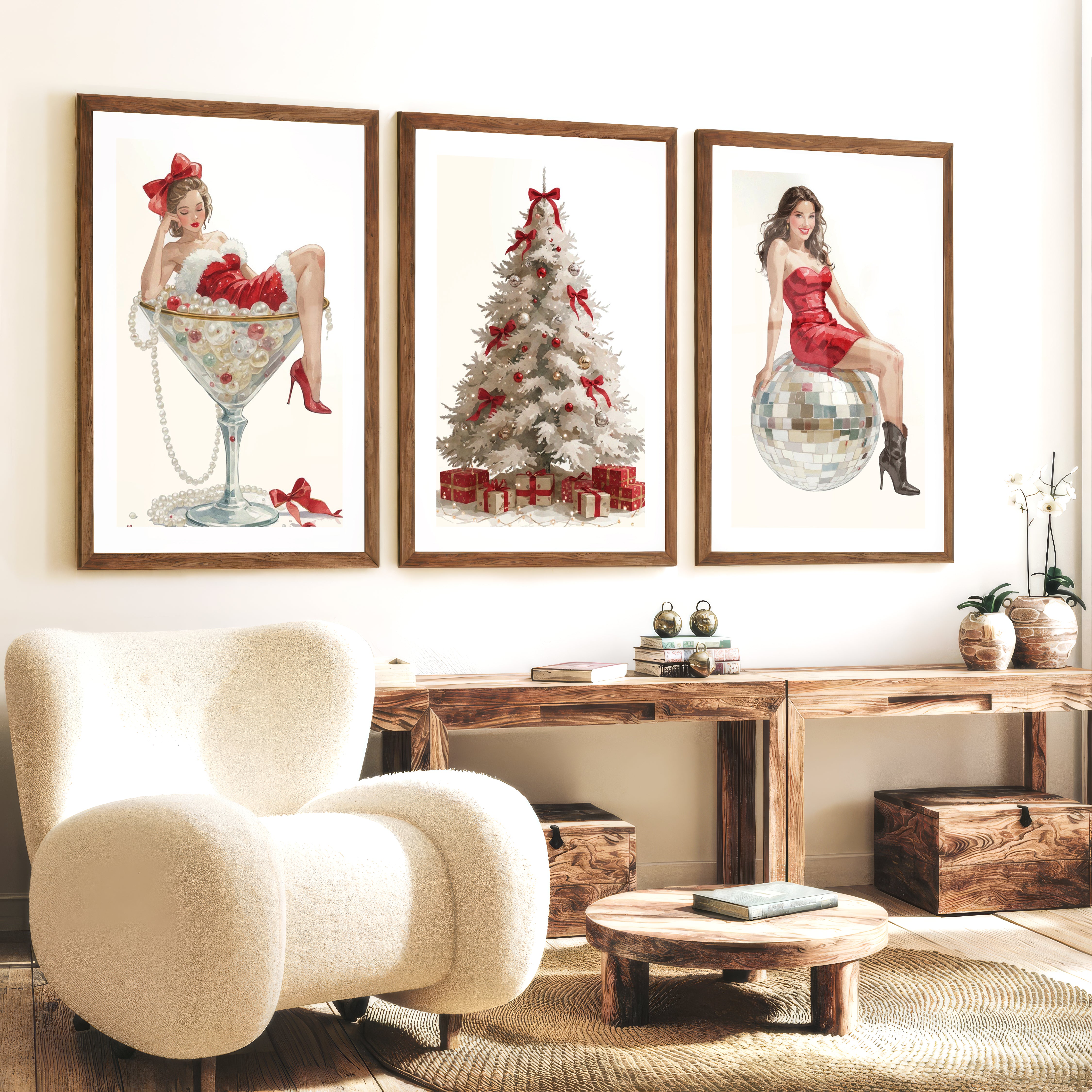 Christmas Art Prints – Pin-Up Holiday Decor, White Tree & Retro Disco Ball - Dark Brown Framed Poster with White Border - Artworksets