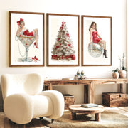 Christmas Art Prints – Pin-Up Holiday Decor, White Tree & Retro Disco Ball - Dark Brown Framed Poster with White Border - Artworksets