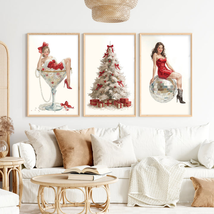 Christmas Art Prints – Pin-Up Holiday Decor, White Tree & Retro Disco Ball - Natural Wood Framed Poster No Border - Artworksets