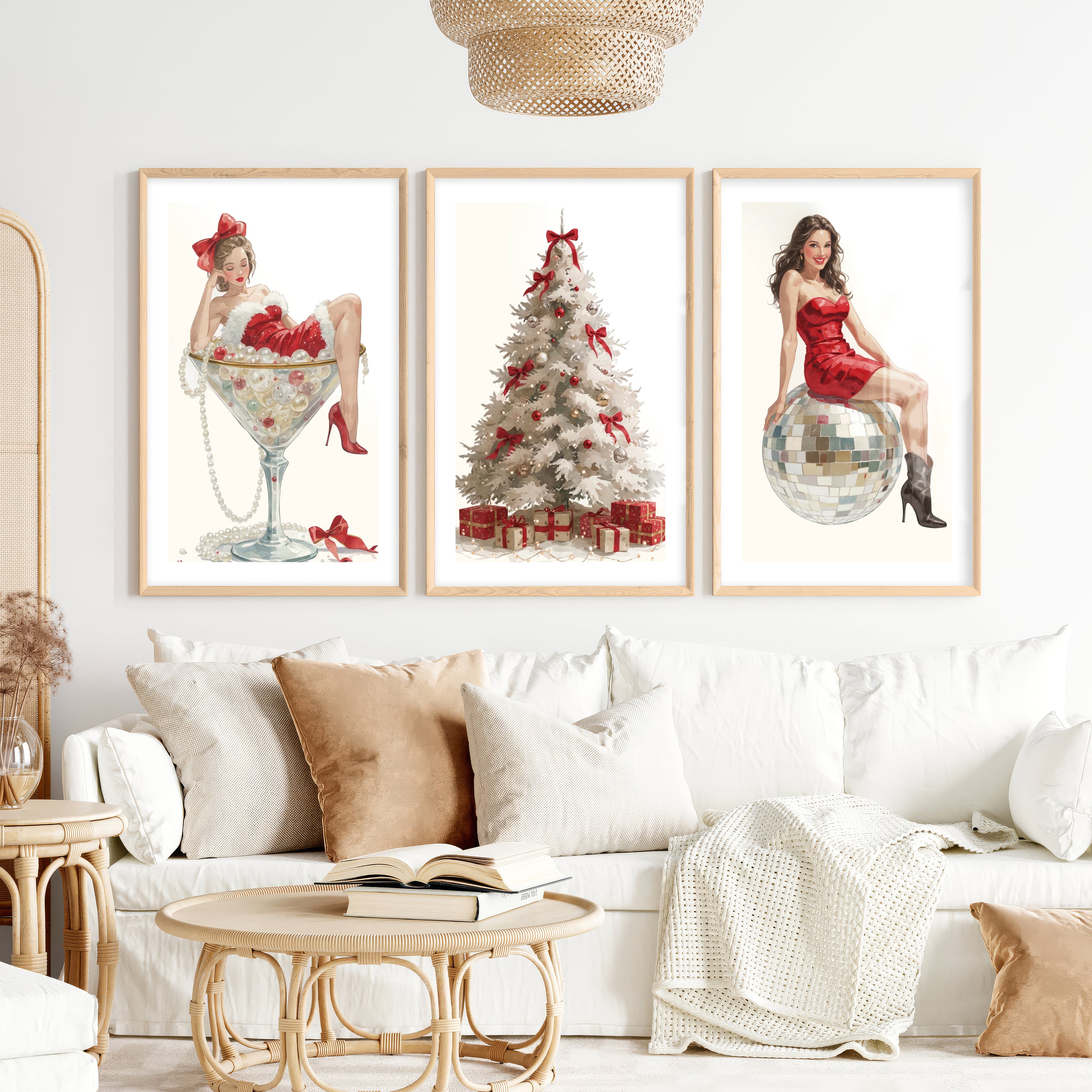 Christmas Art Prints – Pin-Up Holiday Decor, White Tree & Retro Disco Ball- Natural Wood Framed Poster with White Border - Artworksets