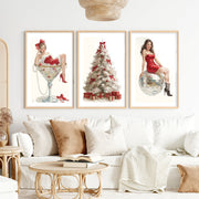 Christmas Art Prints – Pin-Up Holiday Decor, White Tree & Retro Disco Ball- Natural Wood Framed Poster with White Border - Artworksets