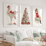Christmas Art Prints – Pin-Up Holiday Decor, White Tree & Retro Disco Ball - White Framed Poster with White Border - Artworksets