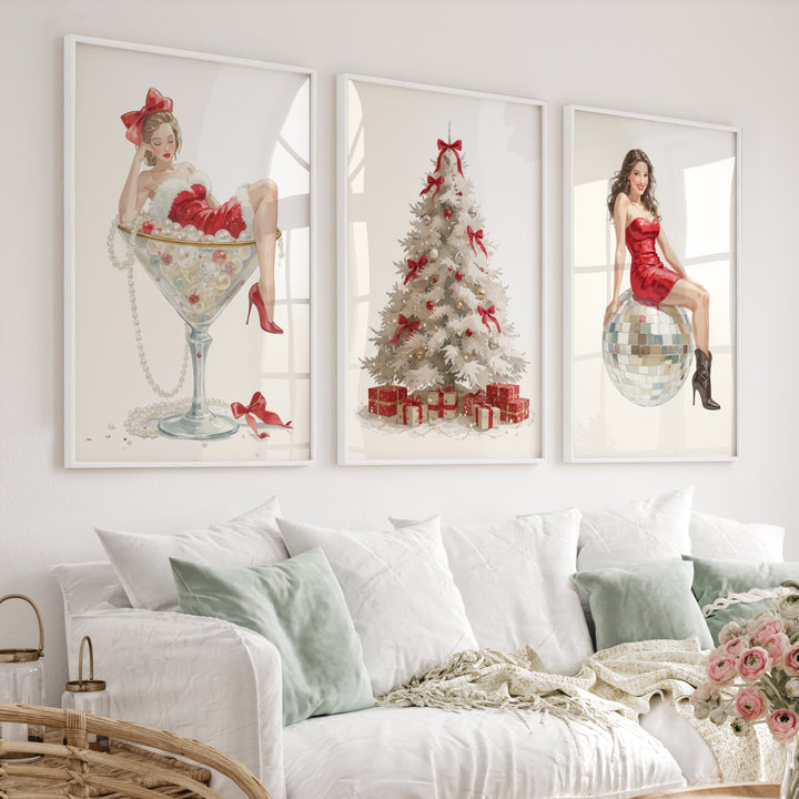 Christmas Art Prints – Pin-Up Holiday Decor, White Tree & Retro Disco Ball - White Framed Poster No Border - Artworksets