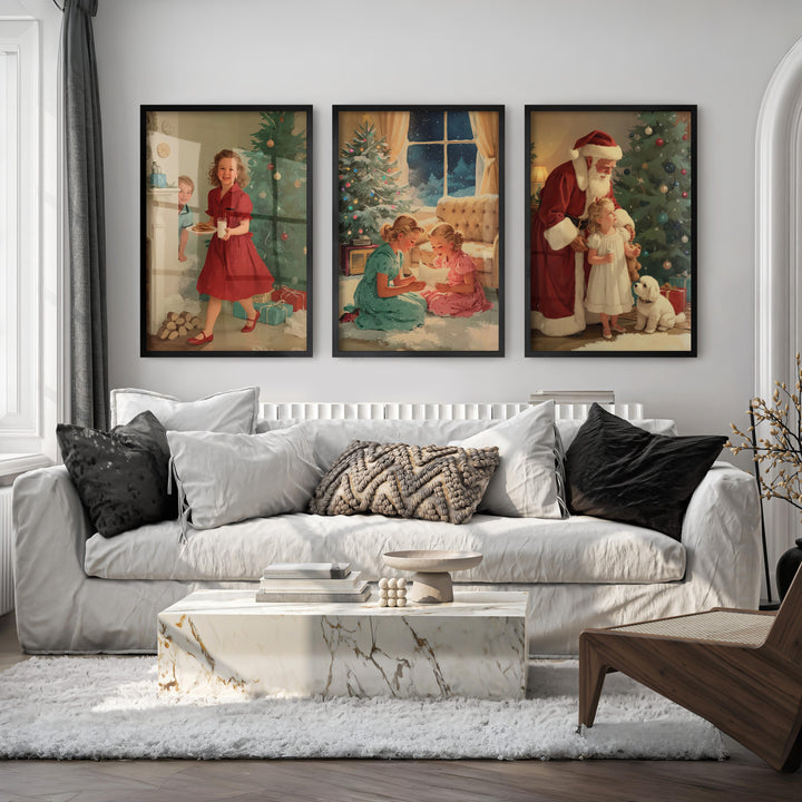 Christmas Holiday Wall Art Set – Vintage Kids & Santa Scene - Black Framed Poster No Border - Artworksets