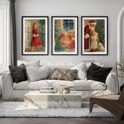 Christmas Holiday Wall Art Set – Vintage Kids & Santa Scene - Black Framed Poster with White Border - Artworksets
