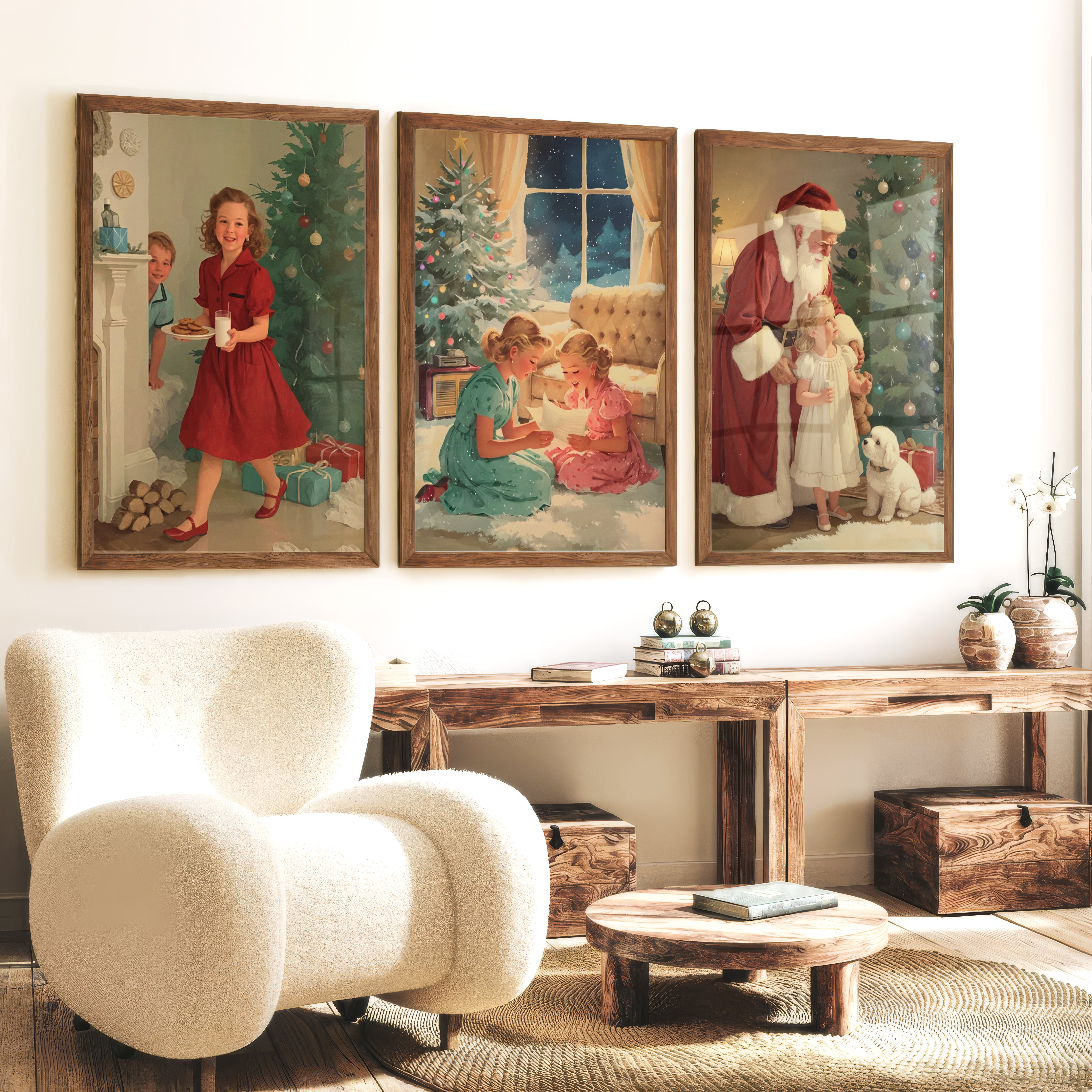 Christmas Holiday Wall Art Set – Vintage Kids & Santa Scene - Dark Brown Framed Poster No Border - Artworksets