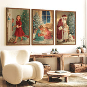 Christmas Holiday Wall Art Set – Vintage Kids & Santa Scene - Dark Brown Framed Poster No Border - Artworksets