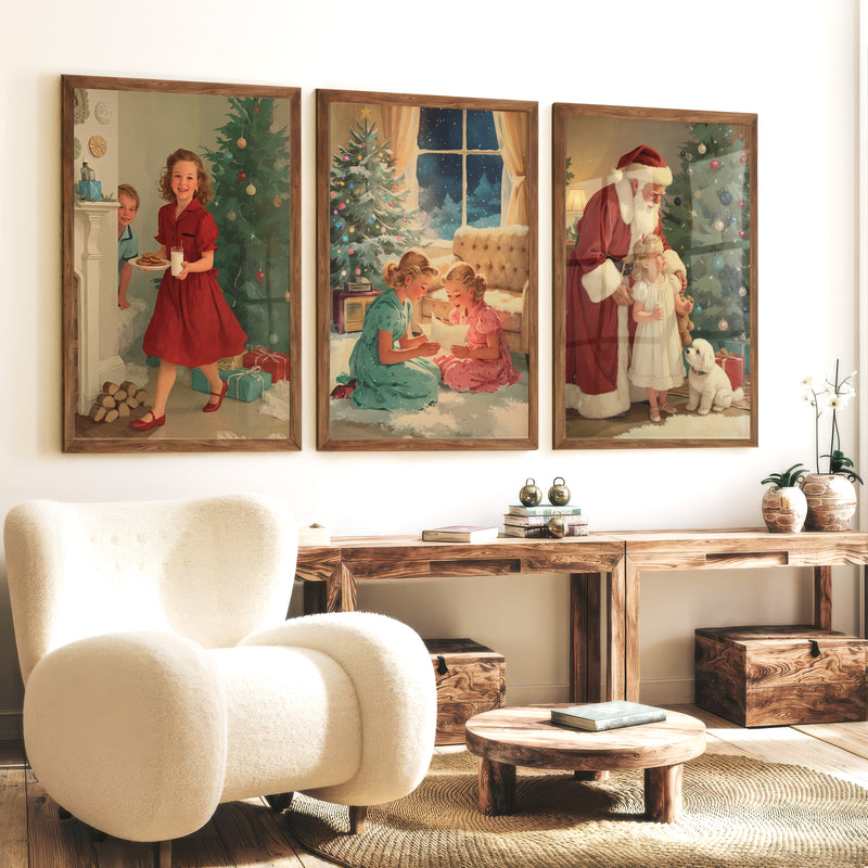 Christmas Holiday Wall Art Set – Vintage Kids & Santa Scene - Dark Brown Framed Poster No Border - Artworksets