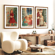 Christmas Holiday Wall Art Set – Vintage Kids & Santa Scene - Dark Brown Framed Poster with White Border - Artworksets