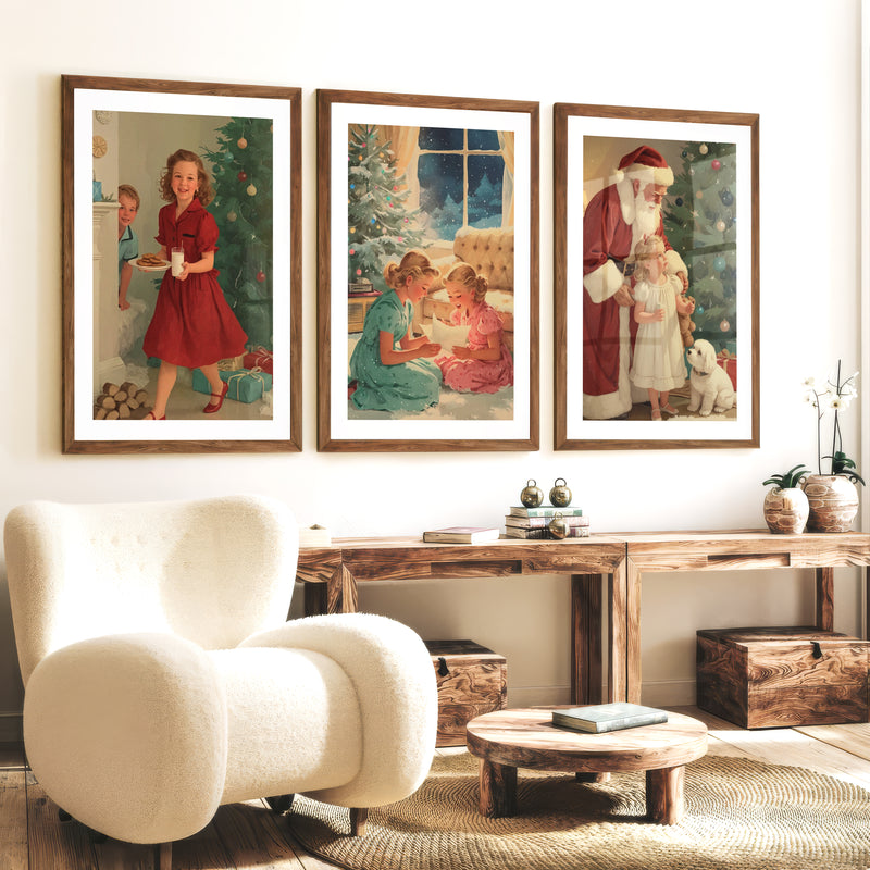 Christmas Holiday Wall Art Set – Vintage Kids & Santa Scene - Dark Brown Framed Poster with White Border - Artworksets