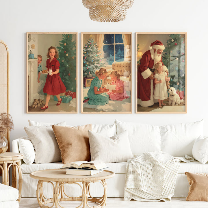 Christmas Holiday Wall Art Set – Vintage Kids & Santa Scene - Natural Wood Framed Poster No Border - Artworksets