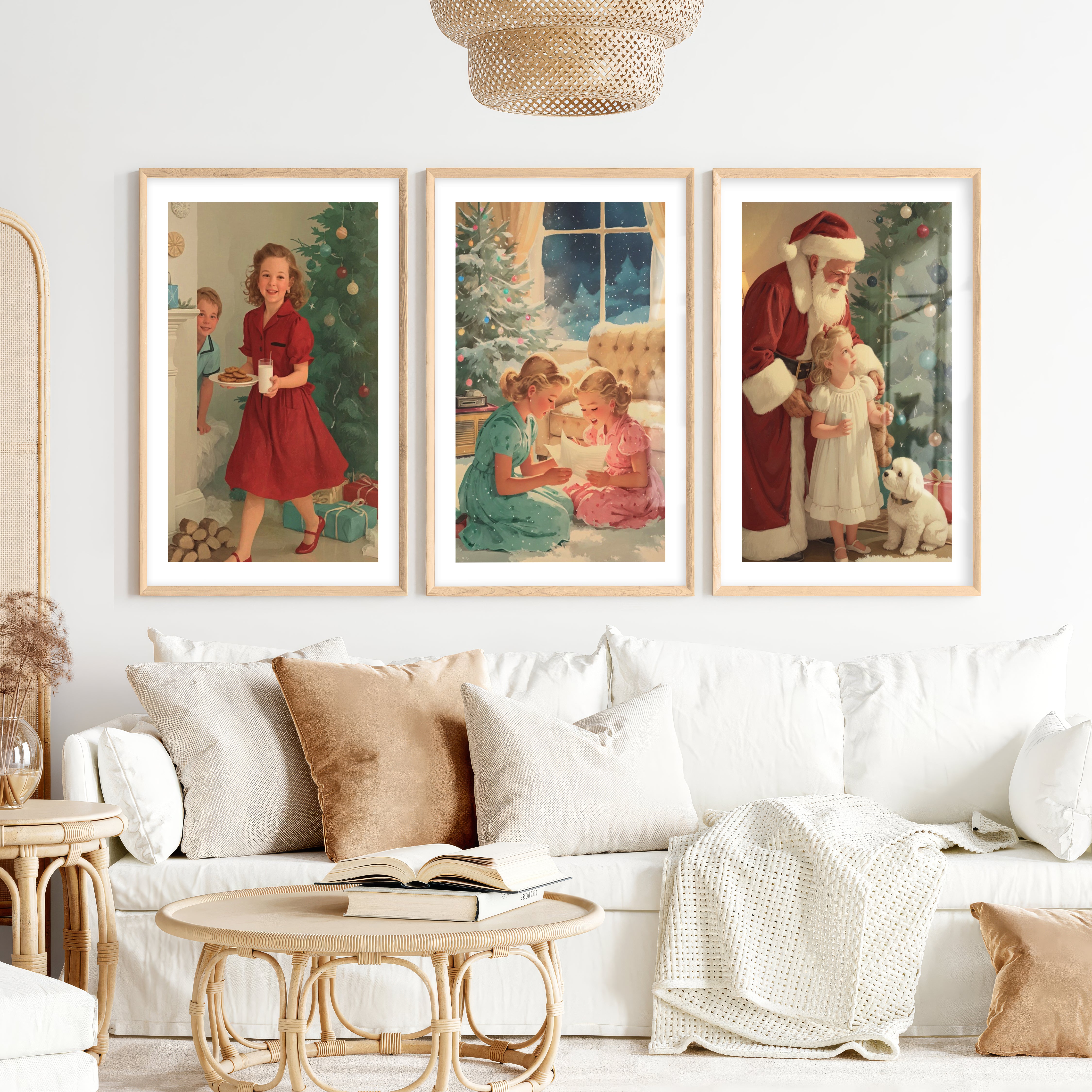 Christmas Holiday Wall Art Set – Vintage Kids & Santa Scene- Natural Wood Framed Poster with White Border - Artworksets