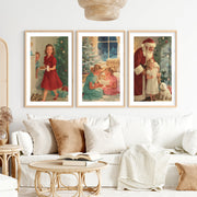 Christmas Holiday Wall Art Set – Vintage Kids & Santa Scene- Natural Wood Framed Poster with White Border - Artworksets