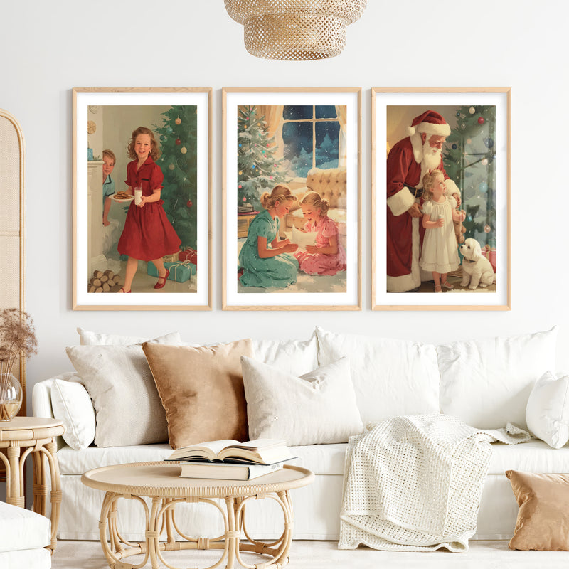 Christmas Holiday Wall Art Set – Vintage Kids & Santa Scene- Natural Wood Framed Poster with White Border - Artworksets