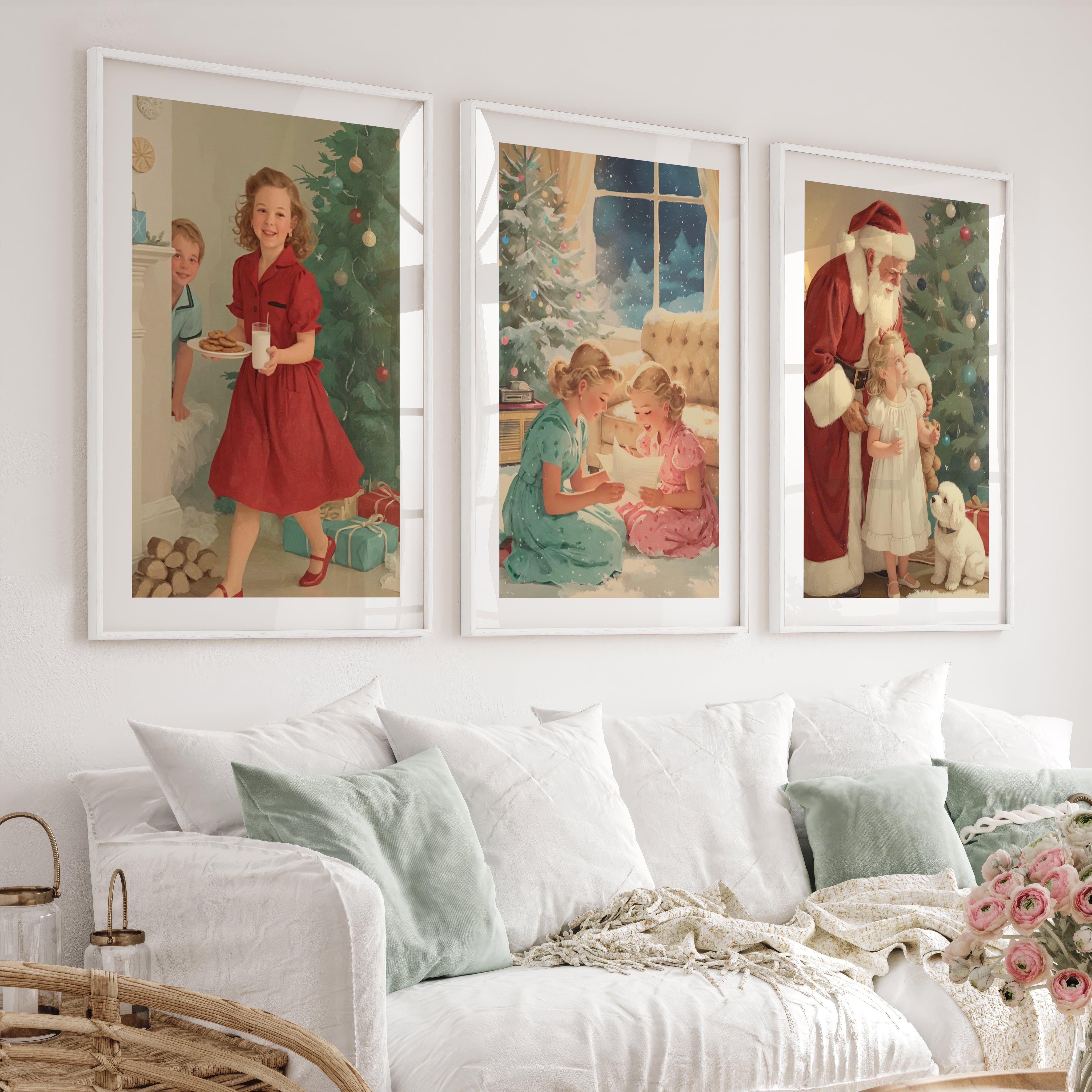 Christmas Holiday Wall Art Set – Vintage Kids & Santa Scene - White Framed Poster with White Border - Artworksets