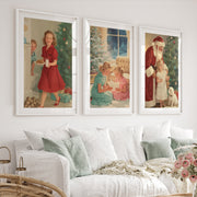 Christmas Holiday Wall Art Set – Vintage Kids & Santa Scene - White Framed Poster with White Border - Artworksets