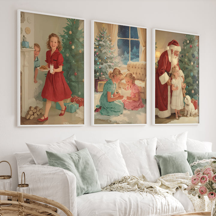 Christmas Holiday Wall Art Set – Vintage Kids & Santa Scene - White Framed Poster No Border - Artworksets
