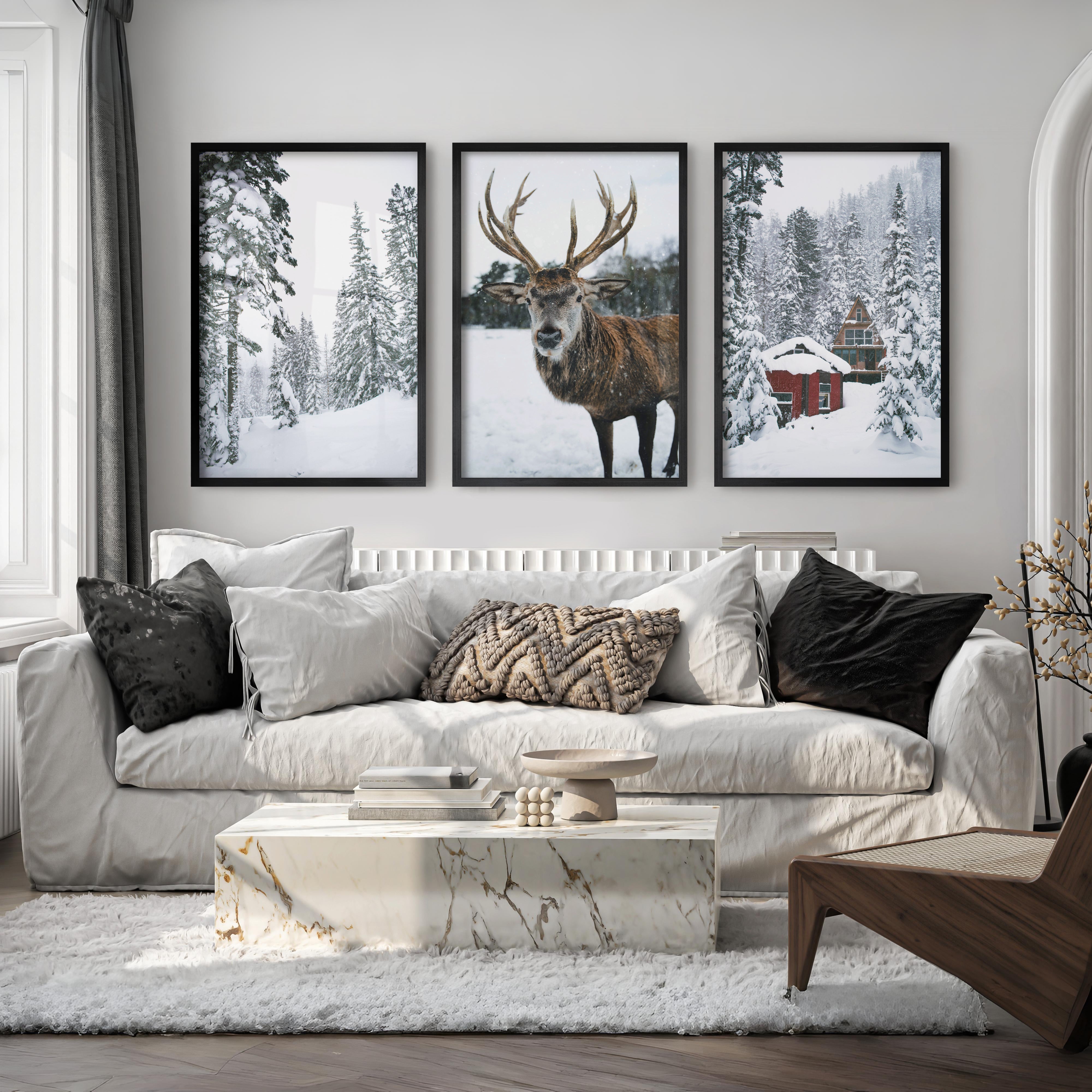 Christmas Mood Wall Art Prints. Red Log Cabin, Deer - Black Framed Poster No Border - Artworksets