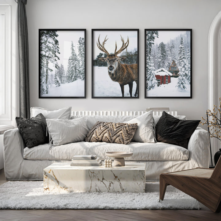 Christmas Mood Wall Art Prints. Red Log Cabin, Deer - Black Framed Poster No Border - Artworksets