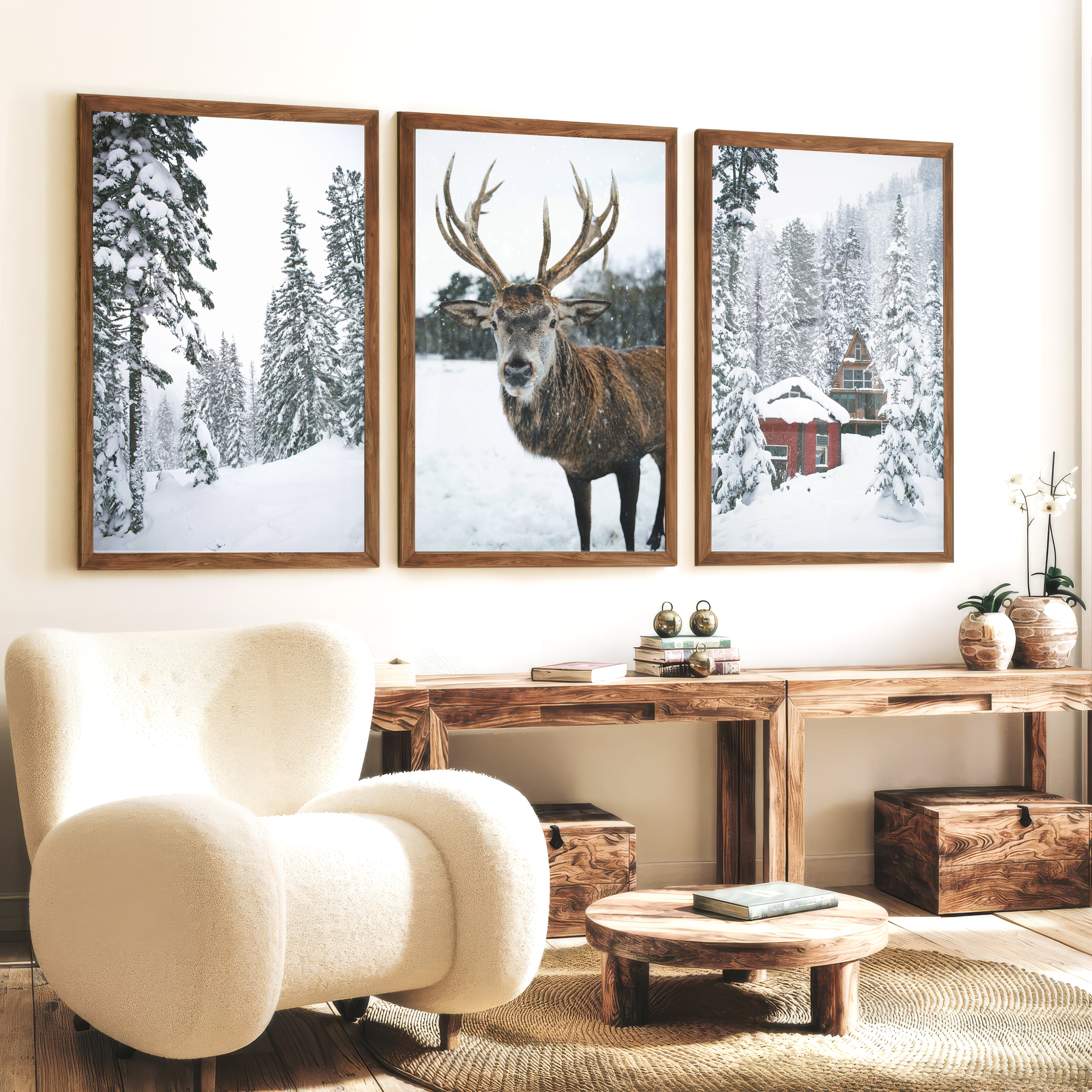 Christmas Mood Wall Art Prints. Red Log Cabin, Deer - Dark Brown Framed Poster No Border - Artworksets