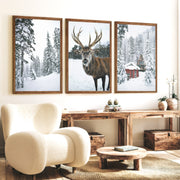 Christmas Mood Wall Art Prints. Red Log Cabin, Deer - Dark Brown Framed Poster No Border - Artworksets