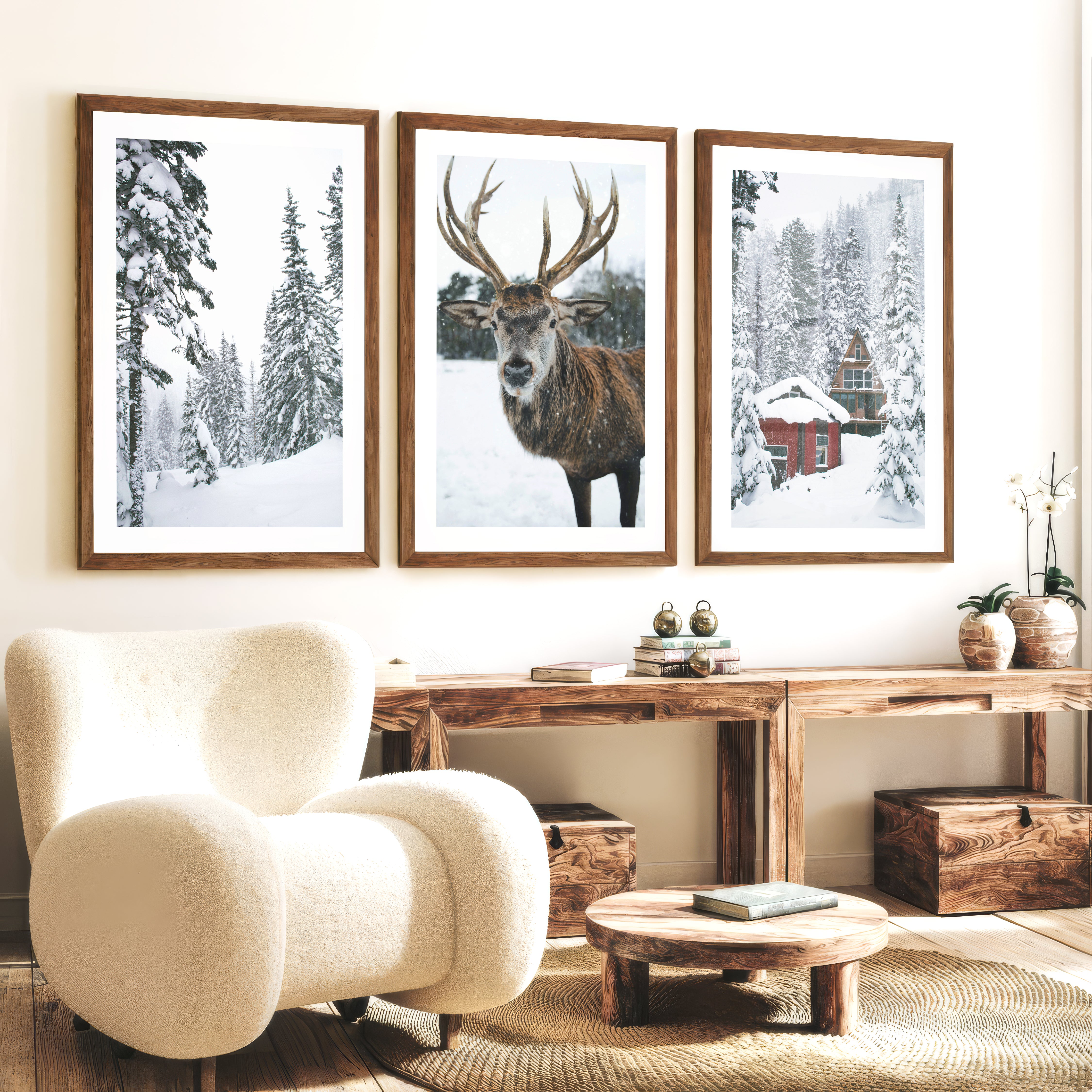 Christmas Mood Wall Art Prints. Red Log Cabin, Deer - Dark Brown Framed Poster with White Border - Artworksets