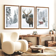 Christmas Mood Wall Art Prints. Red Log Cabin, Deer - Dark Brown Framed Poster with White Border - Artworksets