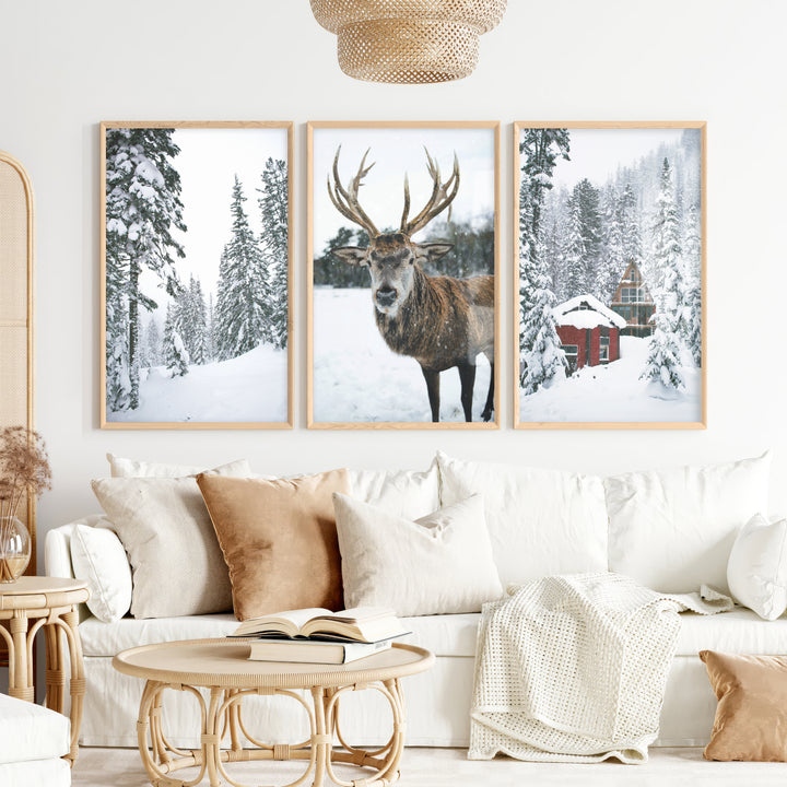 Christmas Mood Wall Art Prints. Red Log Cabin, Deer - Natural Wood Framed Poster No Border - Artworksets