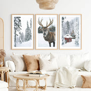 Christmas Mood Wall Art Prints. Red Log Cabin, Deer- Natural Wood Framed Poster with White Border - Artworksets