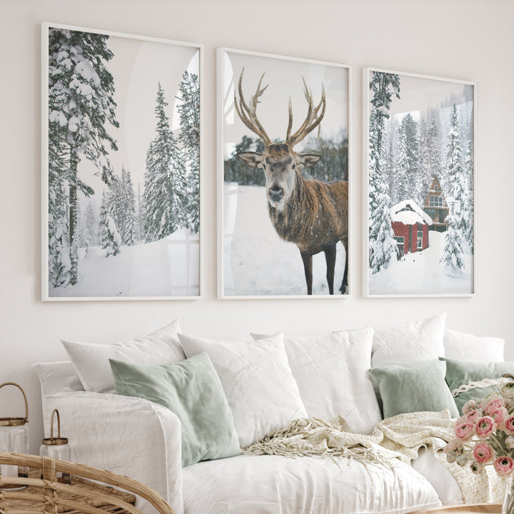 Christmas Mood Wall Art Prints. Red Log Cabin, Deer - White Framed Poster No Border - Artworksets